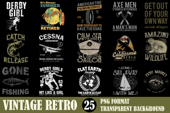 Vintage Retro Design Bundle Vol. 01: 25 Timeless T-Shirt Designs